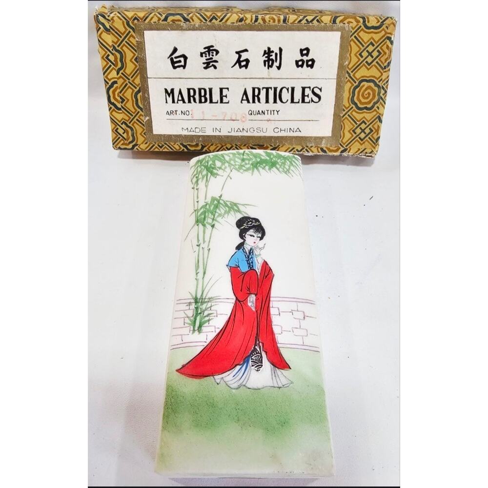 Vtg Marble Stone Geisha Girl Paperweight Hand Painted With Original Box